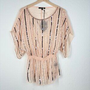 Sequin-Embellished Sheer Peach Top With Elastic Waist By Black  Size Small  NWT